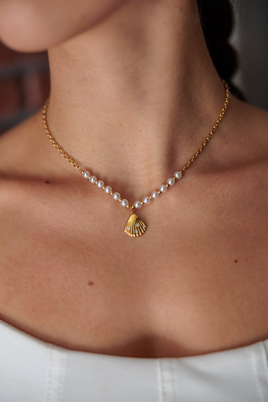 Gold Shell Pendant Necklace with White Beads