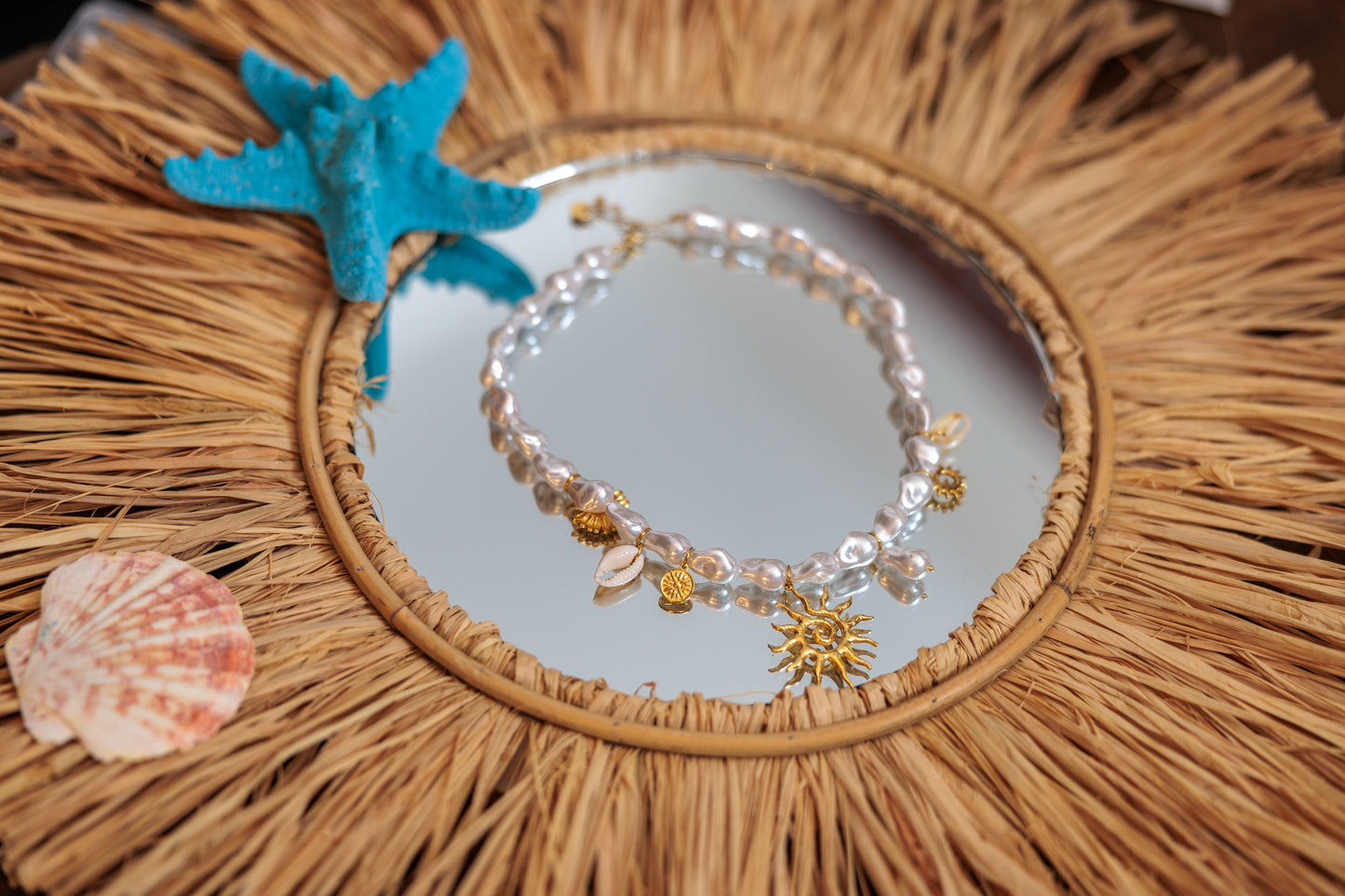 Sun Pendant Necklace with Shell Beads – Stainless Steel