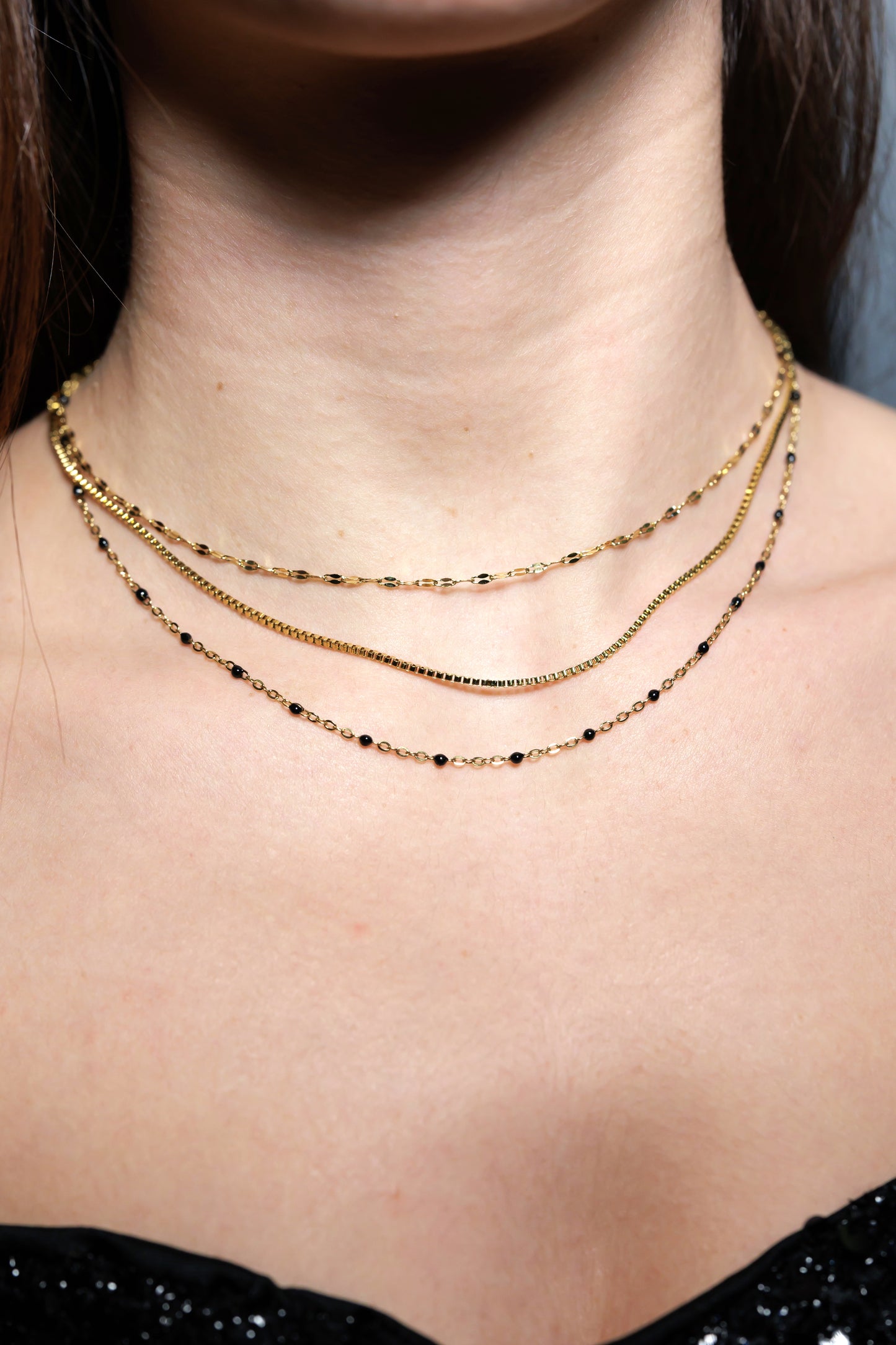 18K Gold Black Bead Layered Necklace
