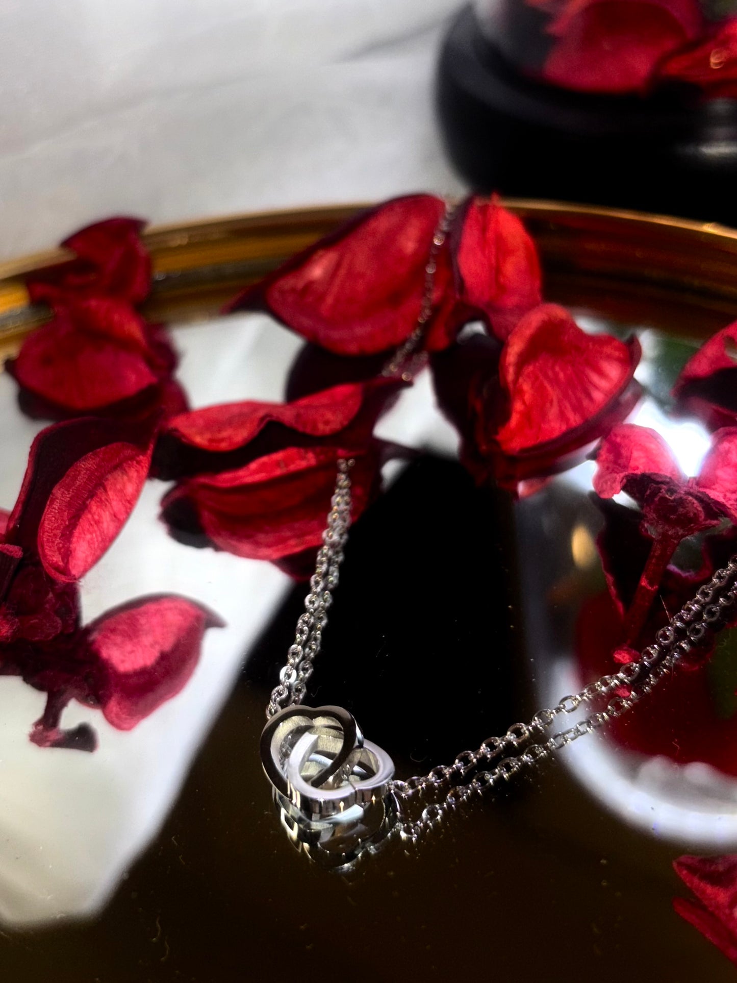 “Elegant stainless steel necklace featuring two interlocking hollow hearts.