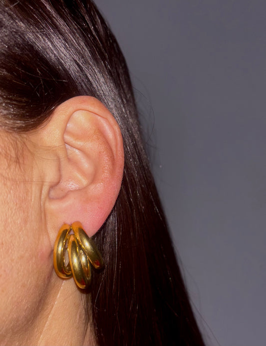 Creative desing 3 layer 18k gold plated hollow ear rings jewellery stainlesteel C- shaped personality round tube stud earring.