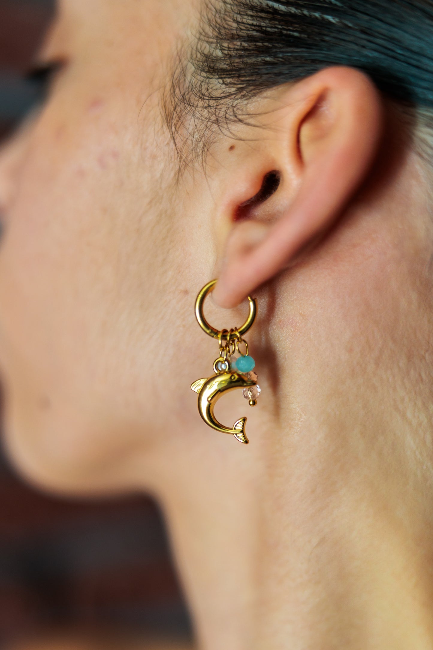 Gold Dolphin Hoop Earrings with Pastel Beads & Pearls