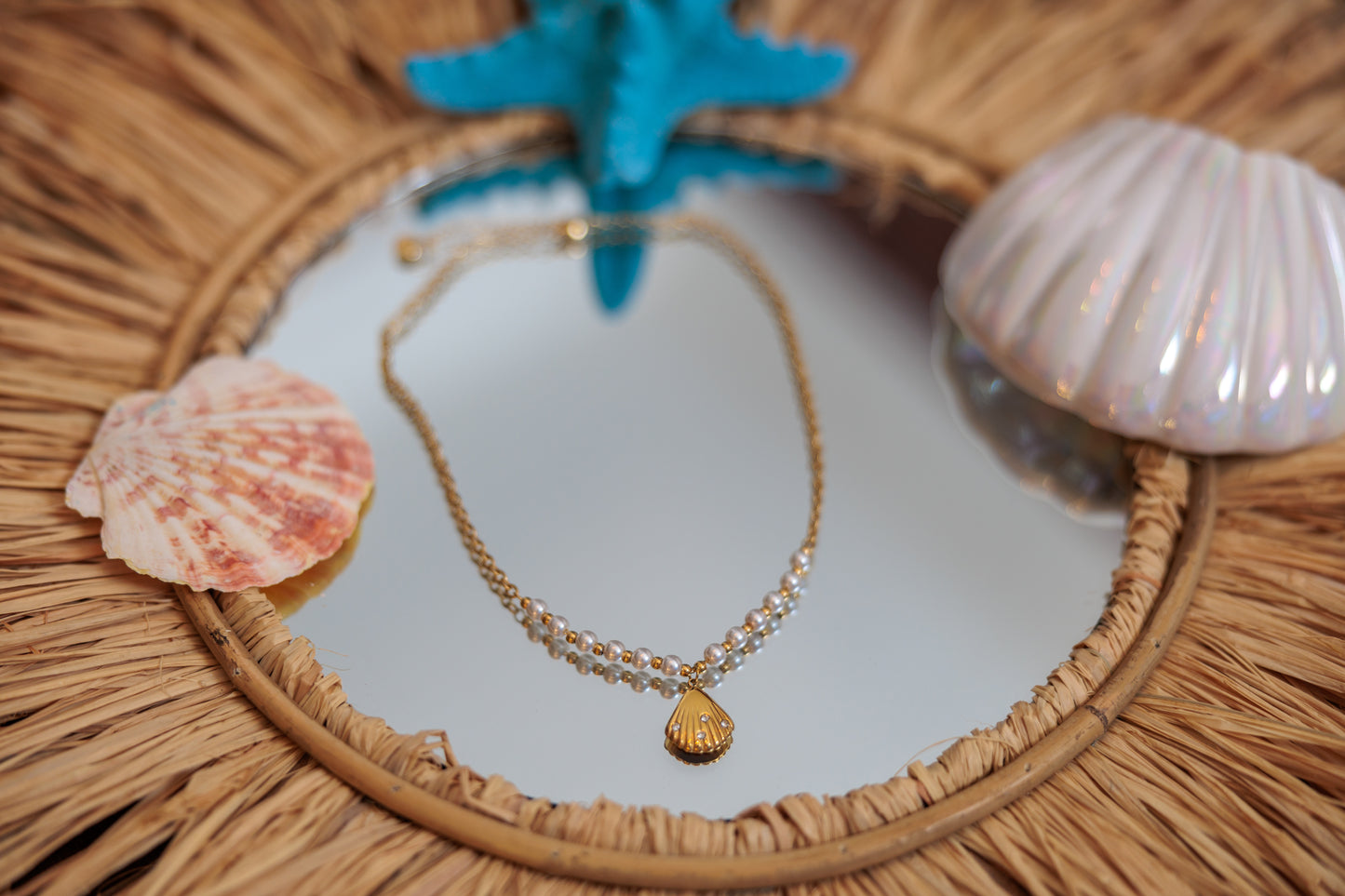 Gold Shell Pendant Necklace with White Beads