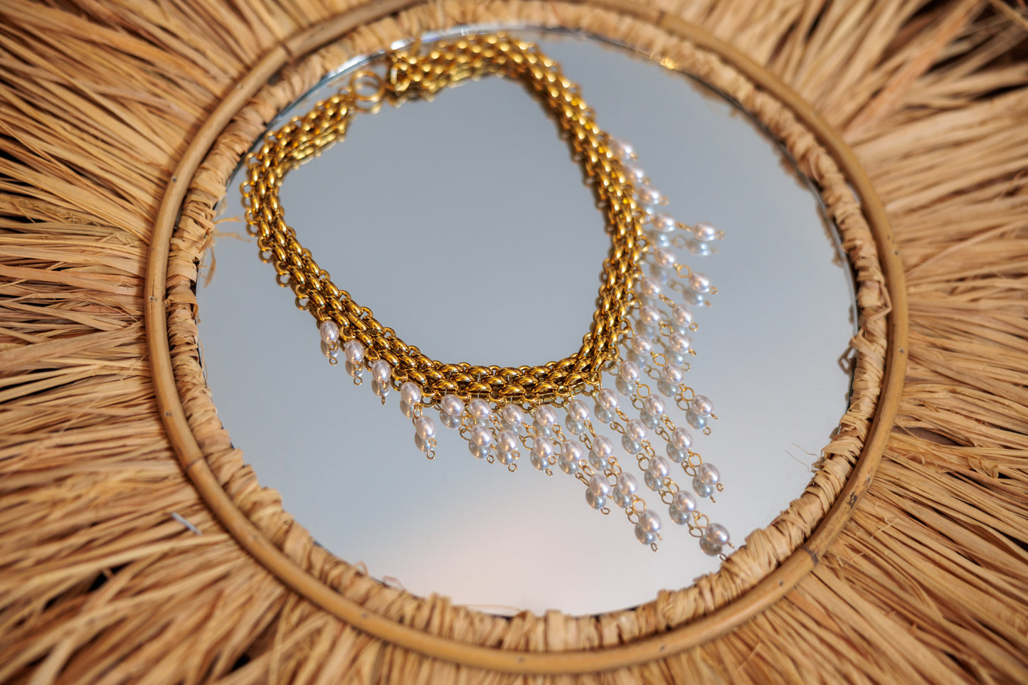 Gold Stainless Steel Necklace with Rice Pearls