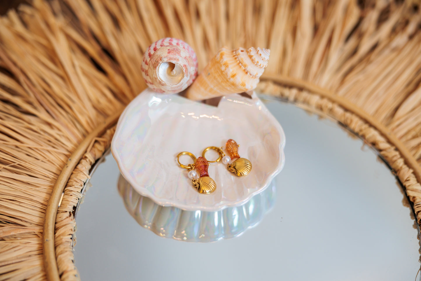 Ocean-Inspired Drop Earrings – Gold Shell, Enamel Fish & Pearl Accent