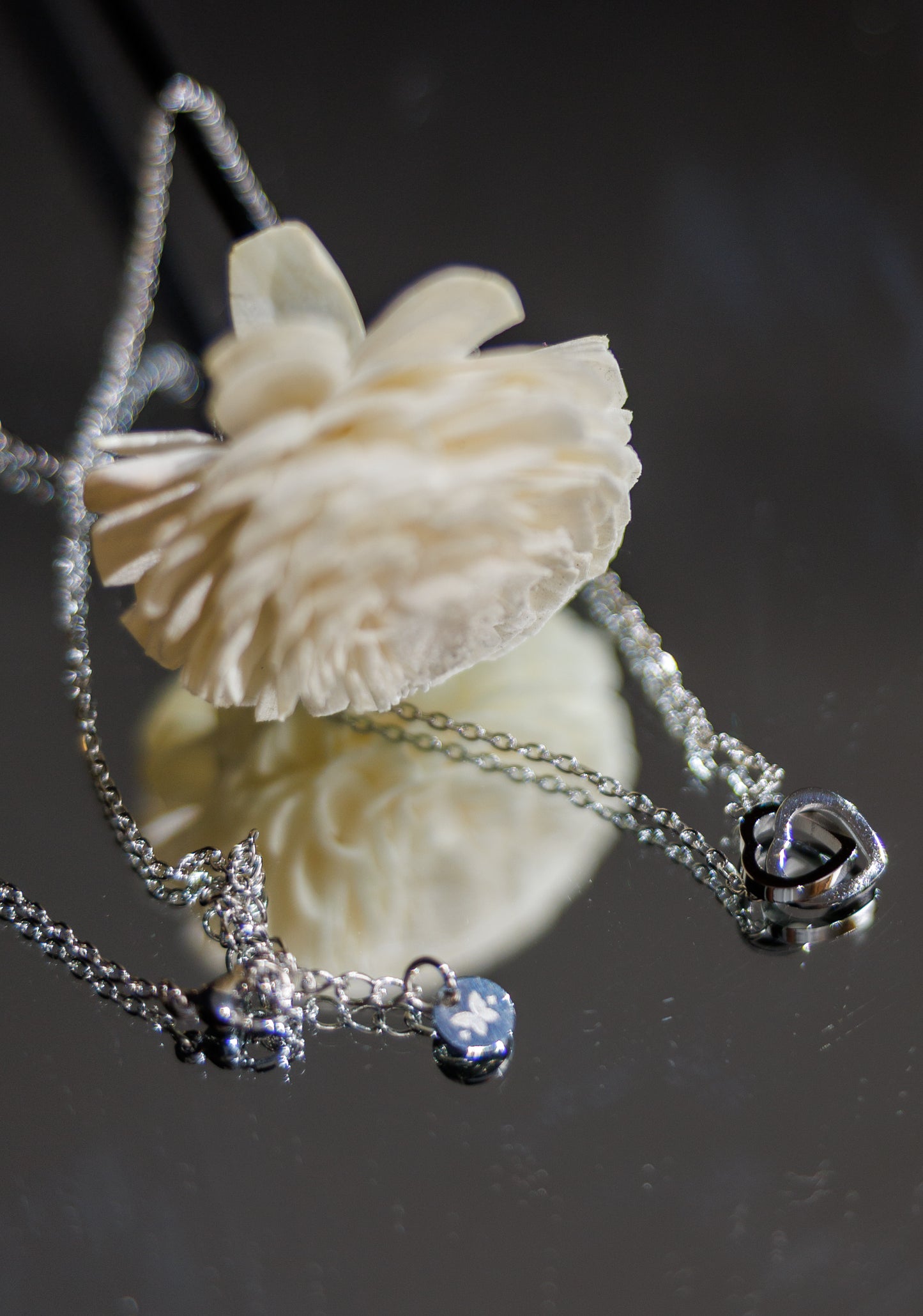 “Elegant stainless steel necklace featuring two interlocking hollow hearts.