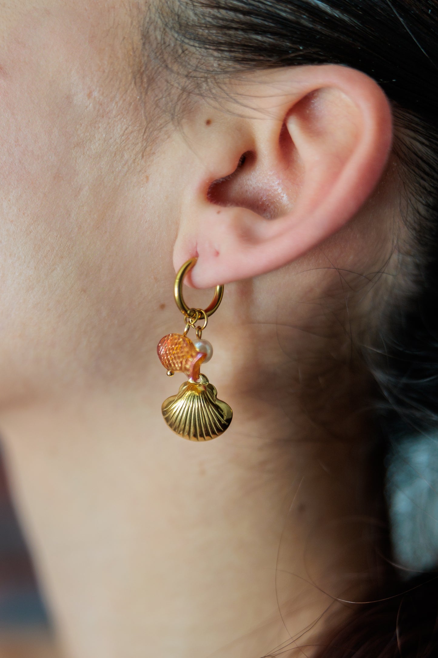 Ocean-Inspired Drop Earrings – Gold Shell, Enamel Fish & Pearl Accent