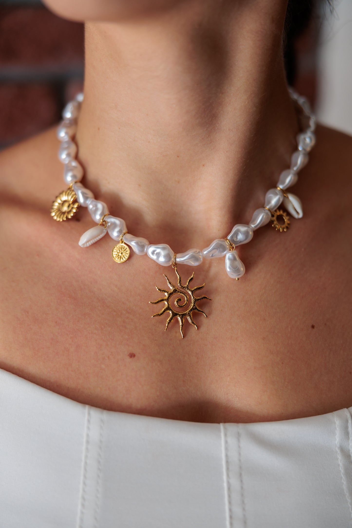 Sun Pendant Necklace with Shell Beads – Stainless Steel