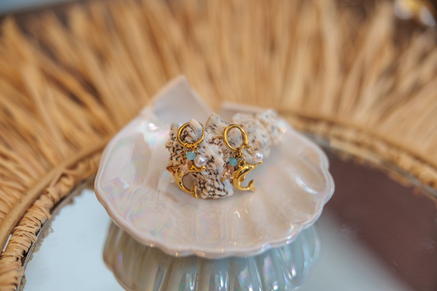 Gold Dolphin Hoop Earrings with Pastel Beads & Pearls