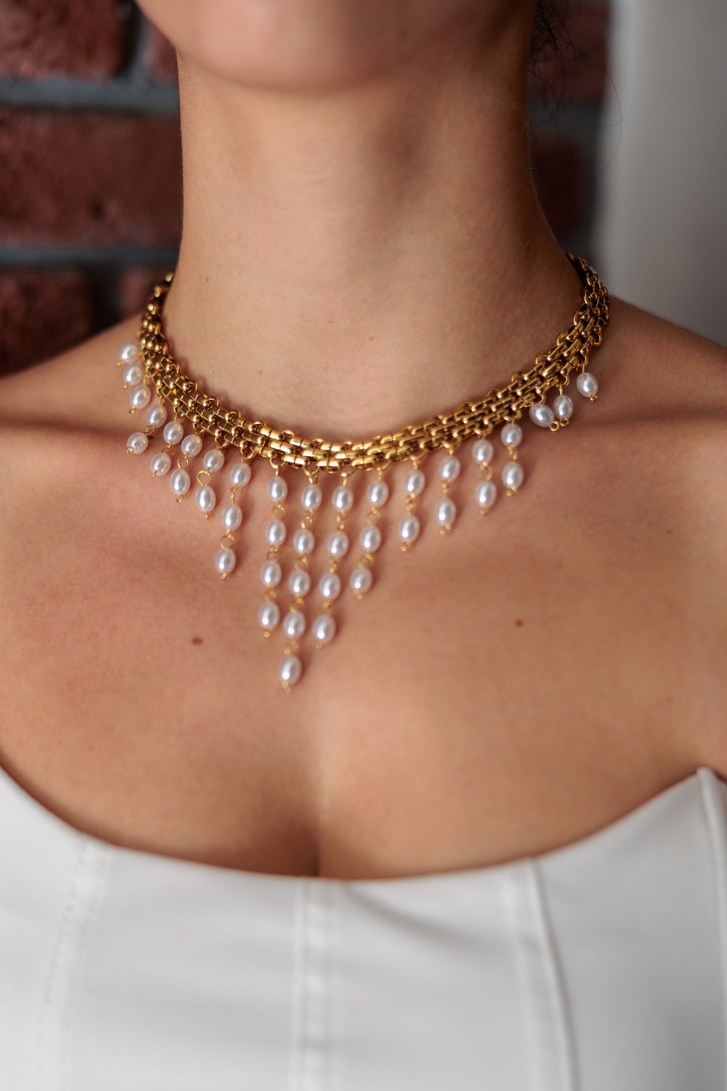 Gold Stainless Steel Necklace with Rice Pearls