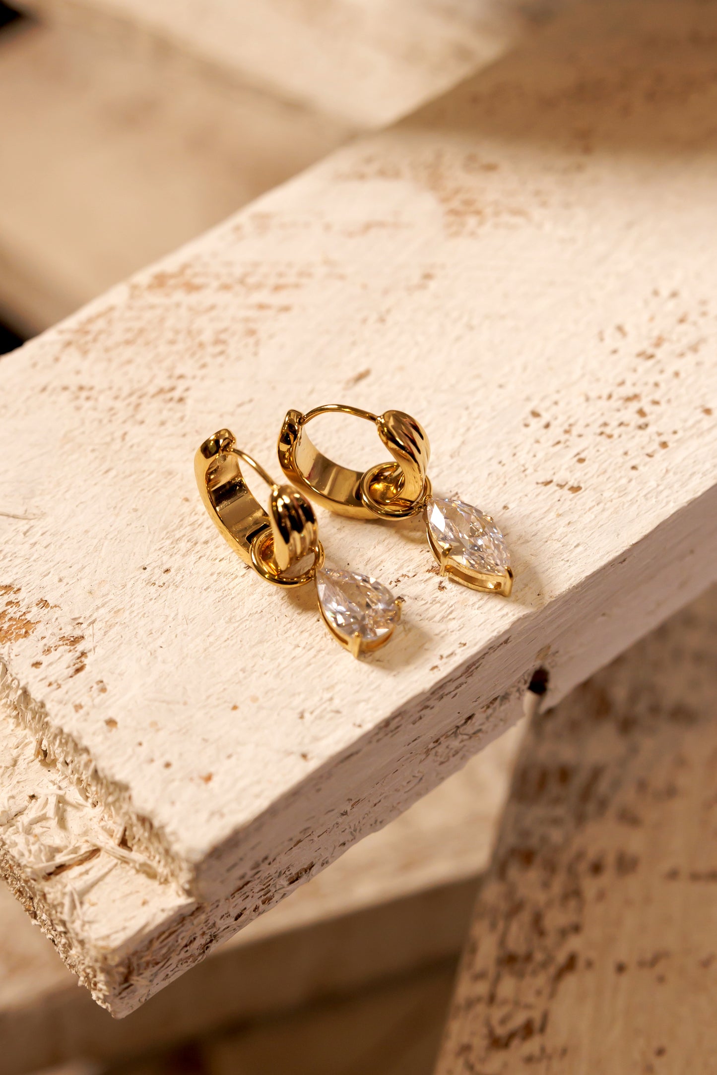 18K Gold Water Drop Zircon Earrings.